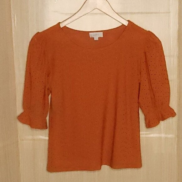 LOFT Tops - Loft Burnt Orange Knit Eyelet Puff Sleeve Top XS